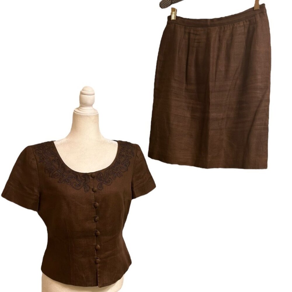 Vintage‎ Donna Morgan Brown Linen Short Sleeve Button-Up Top &  Skirt Set Size 6